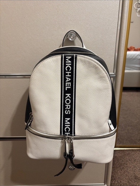 Michael Kors Handbags - Michael Kors White Backpack with Black Logo Stripe